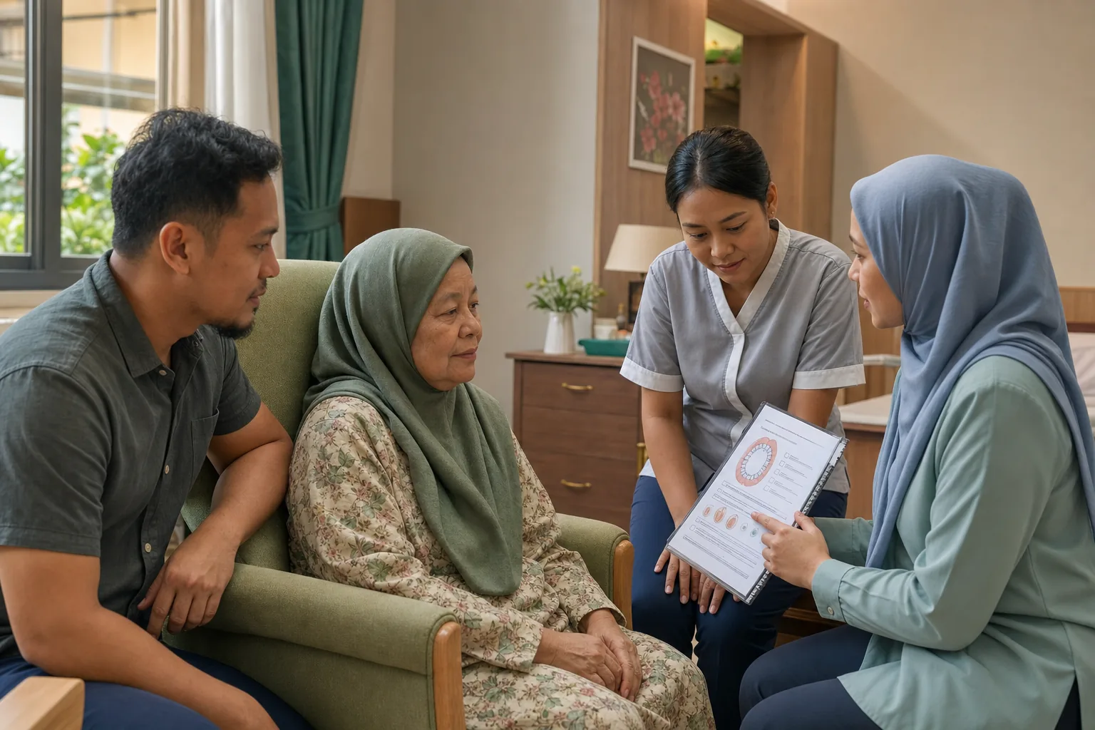 Older Malaysian care-home resident with family, care staff and dental professional reviewing an oral-care handover chart