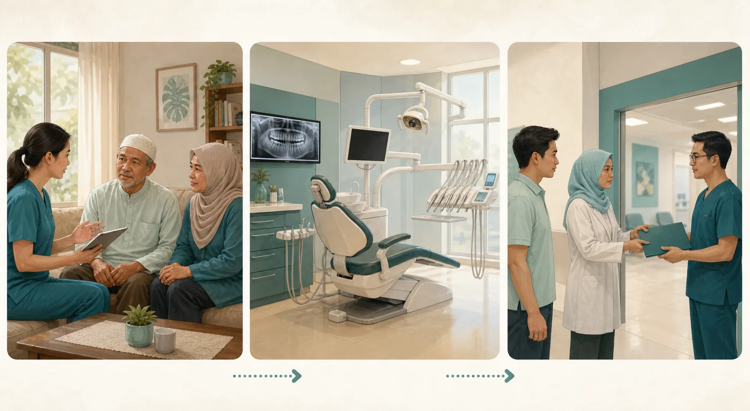 Three-part comparison of a dental discussion at home, a fully equipped dental clinic and a hospital referral handover