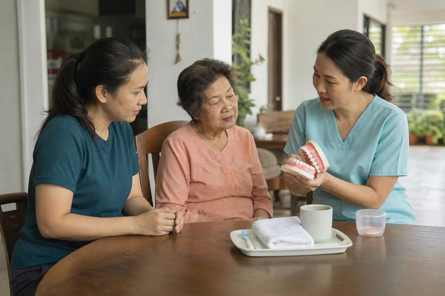 Dental professional showing a Malaysian older adult and caregiver a repeatable mouth-care routine