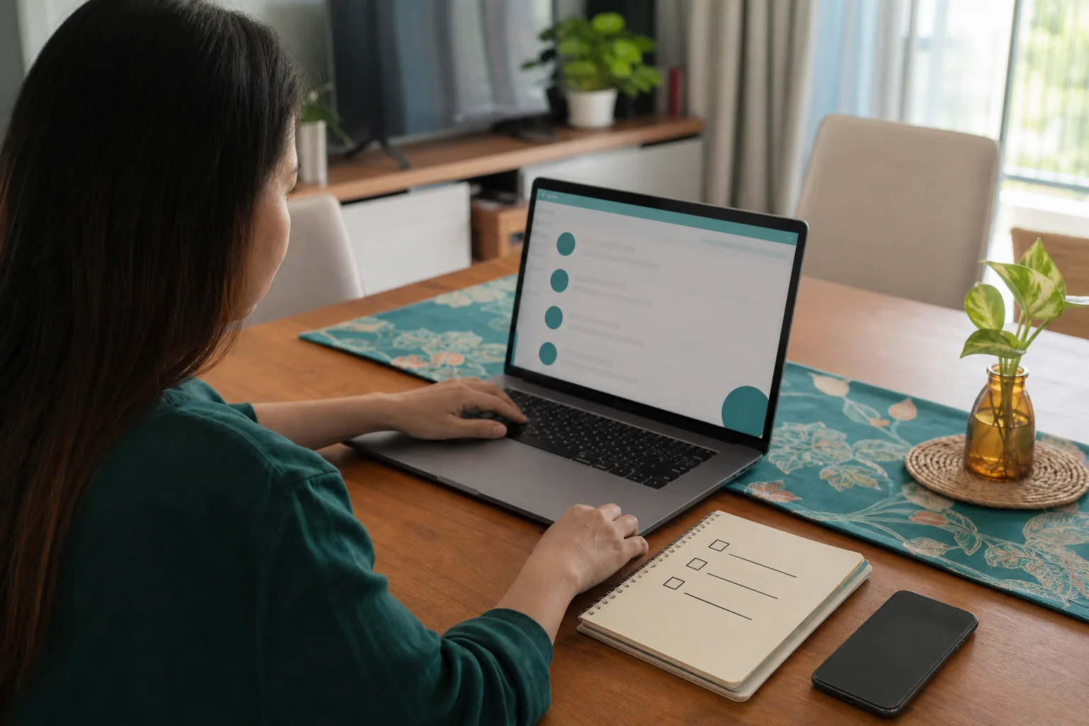 Family caregiver using a laptop and three-item checklist to verify a dental professional before a planned visit