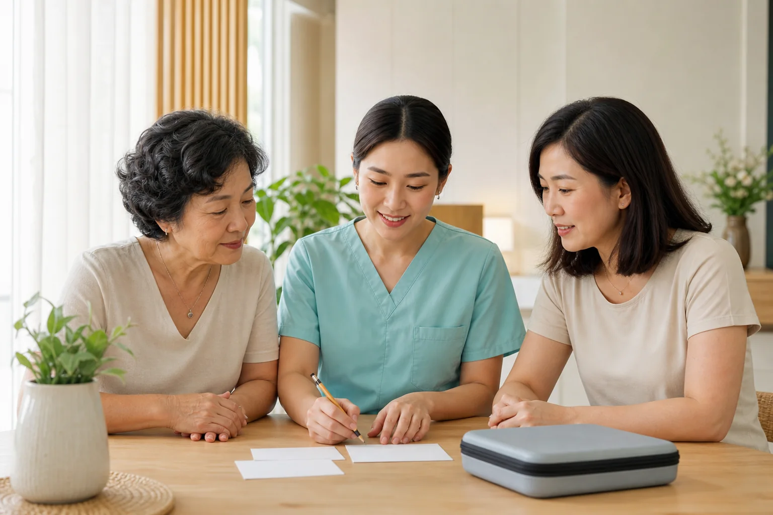 Malaysian Chinese family preparing access details and requirements for a home visit