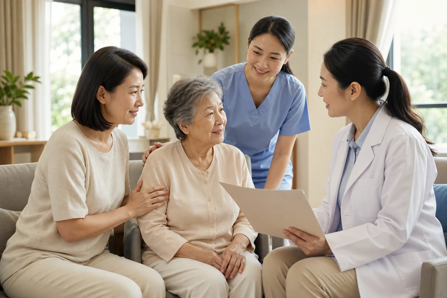 Malaysian Chinese resident, family and care team completing an oral-care handover