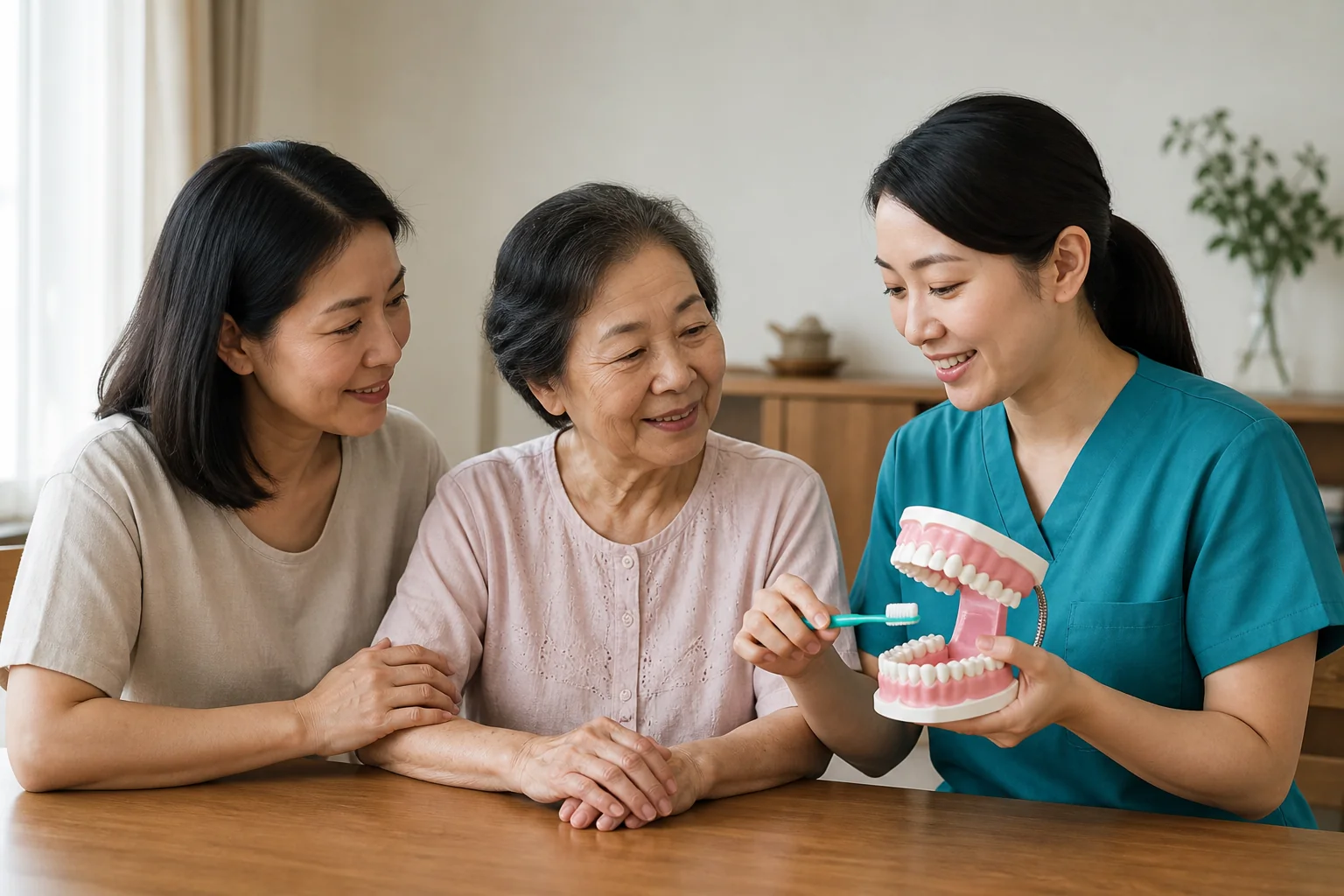 Malaysian Chinese caregiver learning a repeatable mouth-care routine