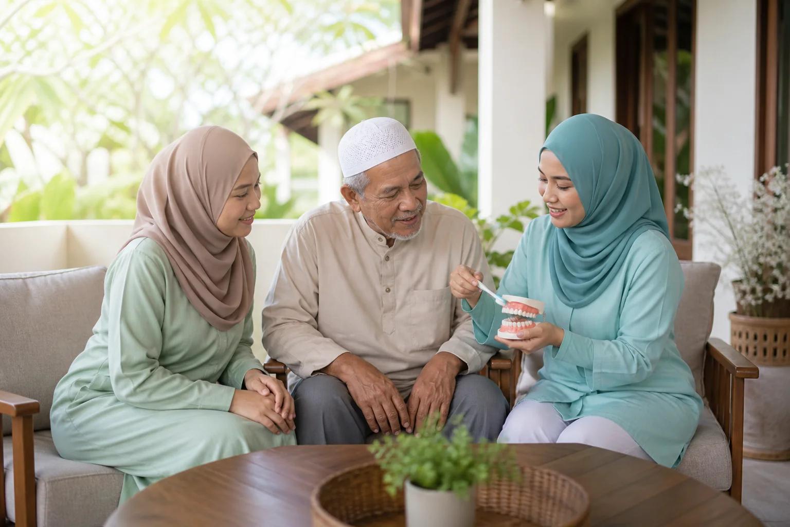 Penjaga Melayu Malaysia mempelajari rutin penjagaan mulut yang boleh diulang