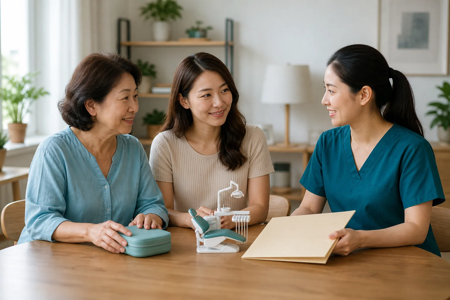 Malaysian Chinese family comparing home, clinic and referral care settings