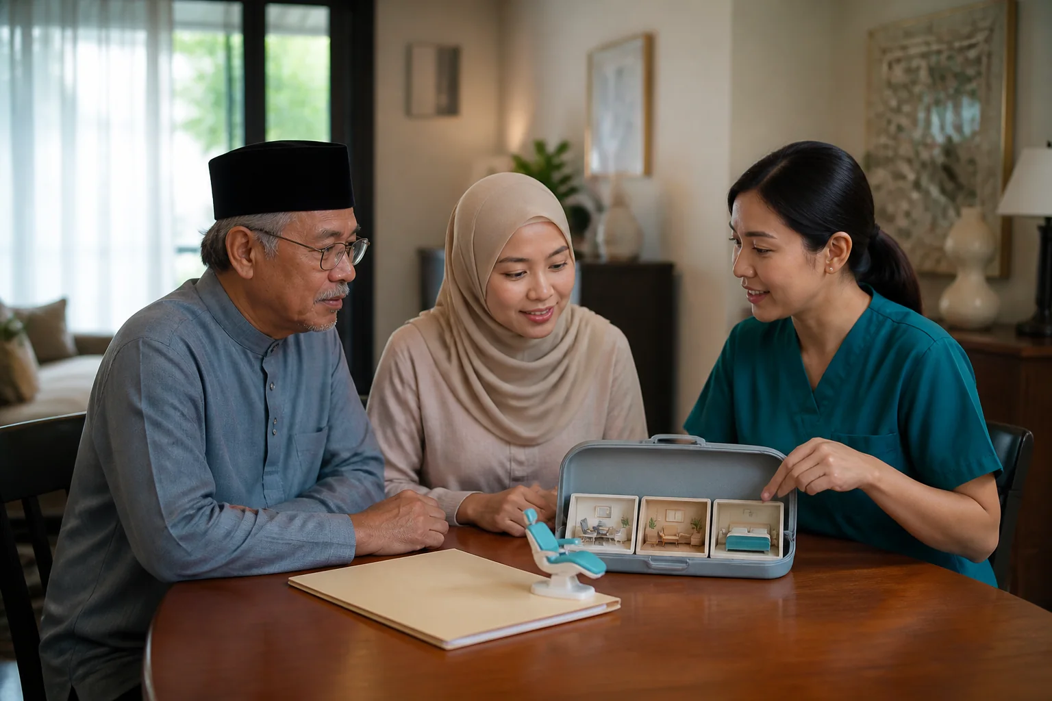 Keluarga Melayu Malaysia membandingkan penjagaan di rumah, klinik dan rujukan