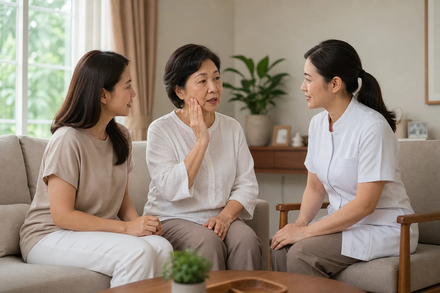Malaysian Chinese older adult calmly describing dental discomfort at home