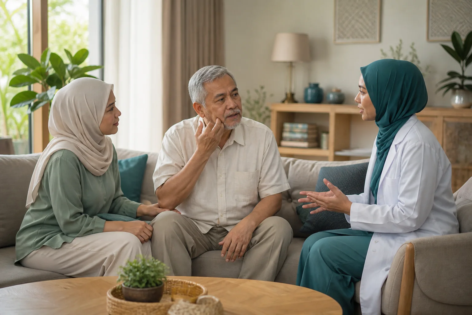 Warga emas Melayu Malaysia menerangkan ketidakselesaan pergigian dengan tenang di rumah