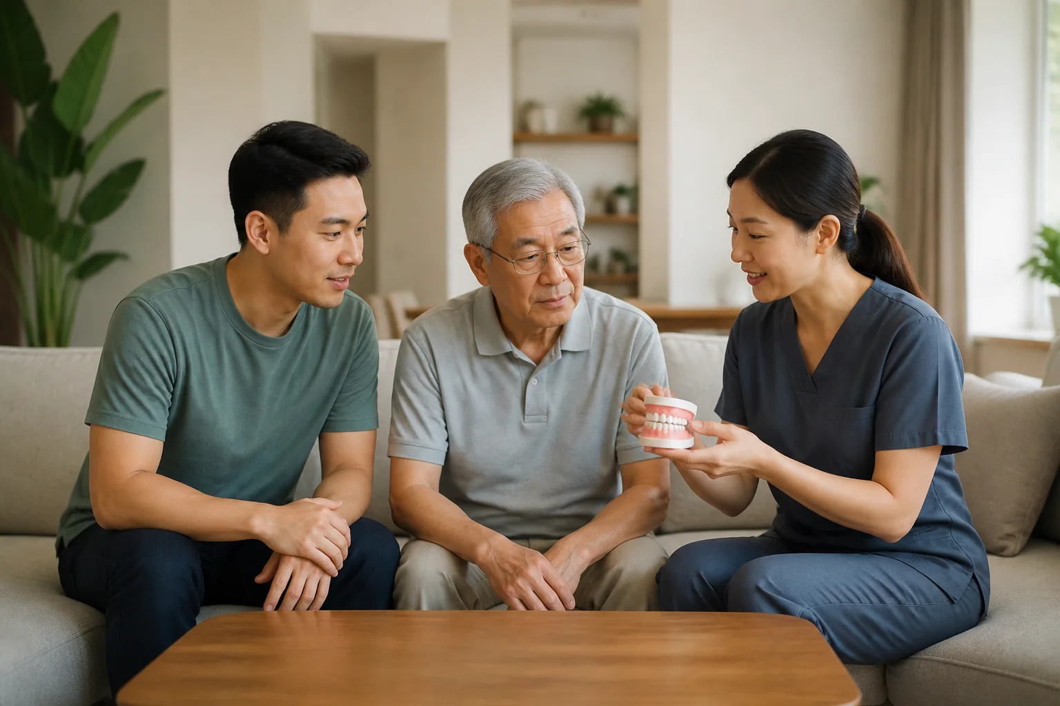 马来西亚华人长者在家中平静说明牙科不适