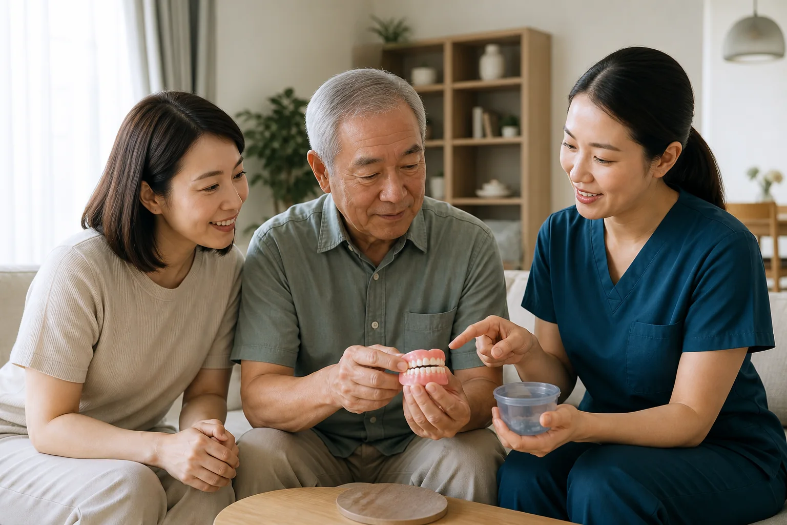 Malaysian Chinese older adult discussing denture care with family and a dental professional