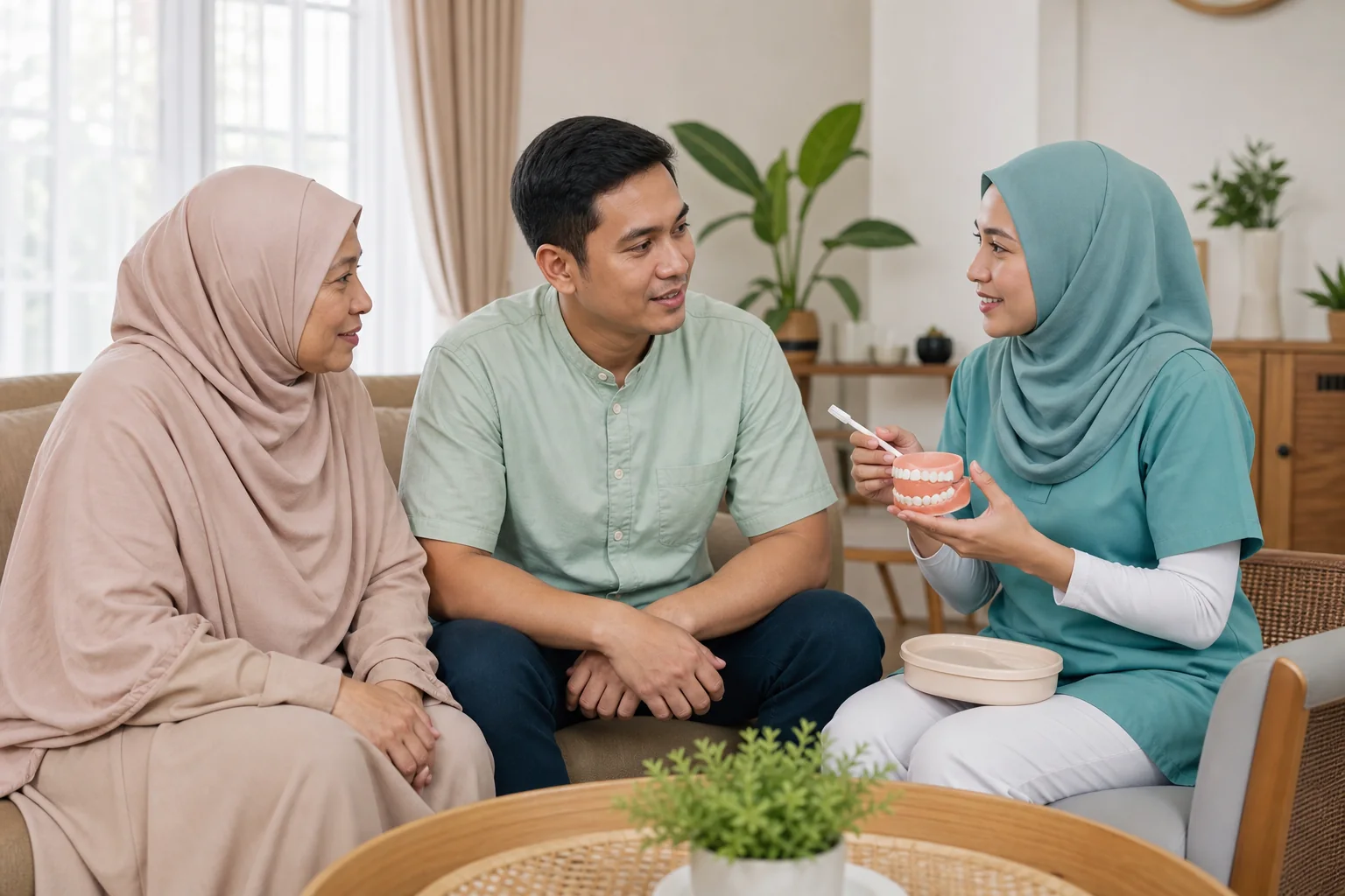 Warga emas Melayu Malaysia berbincang tentang penjagaan gigi palsu bersama keluarga dan profesional pergigian