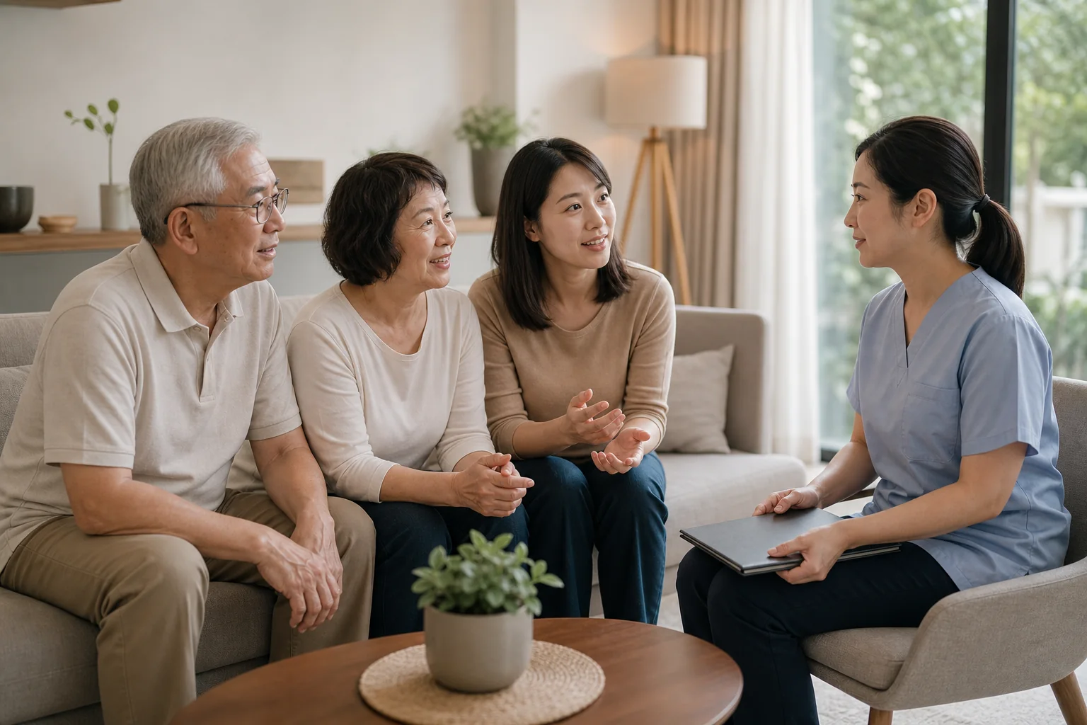 Malaysian Chinese family asking questions during a calm home dental consultation