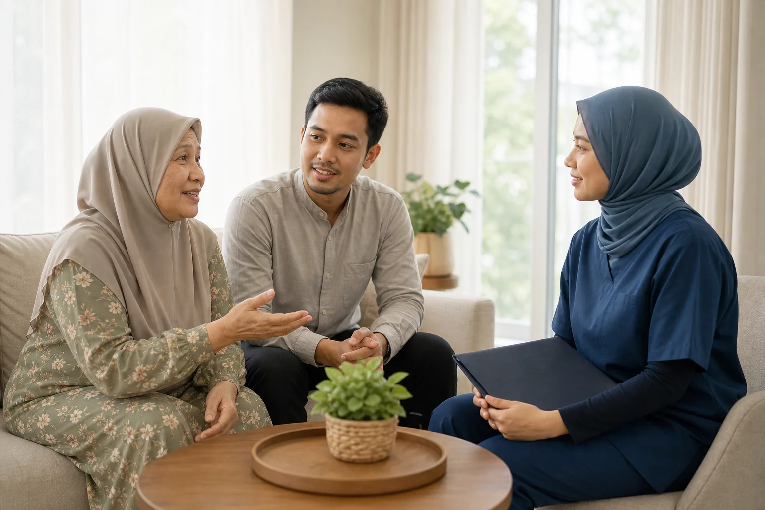 Keluarga Melayu Malaysia bertanya soalan semasa perbincangan pergigian di rumah