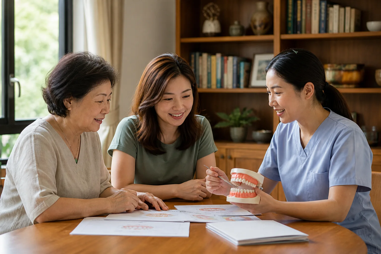Malaysian Chinese family reviewing printed home dental guidance