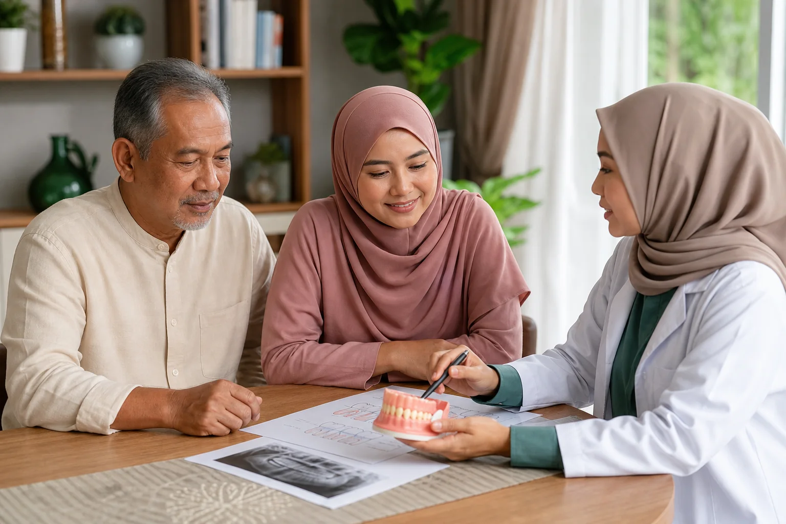 Keluarga Melayu Malaysia menyemak panduan pergigian di rumah bercetak