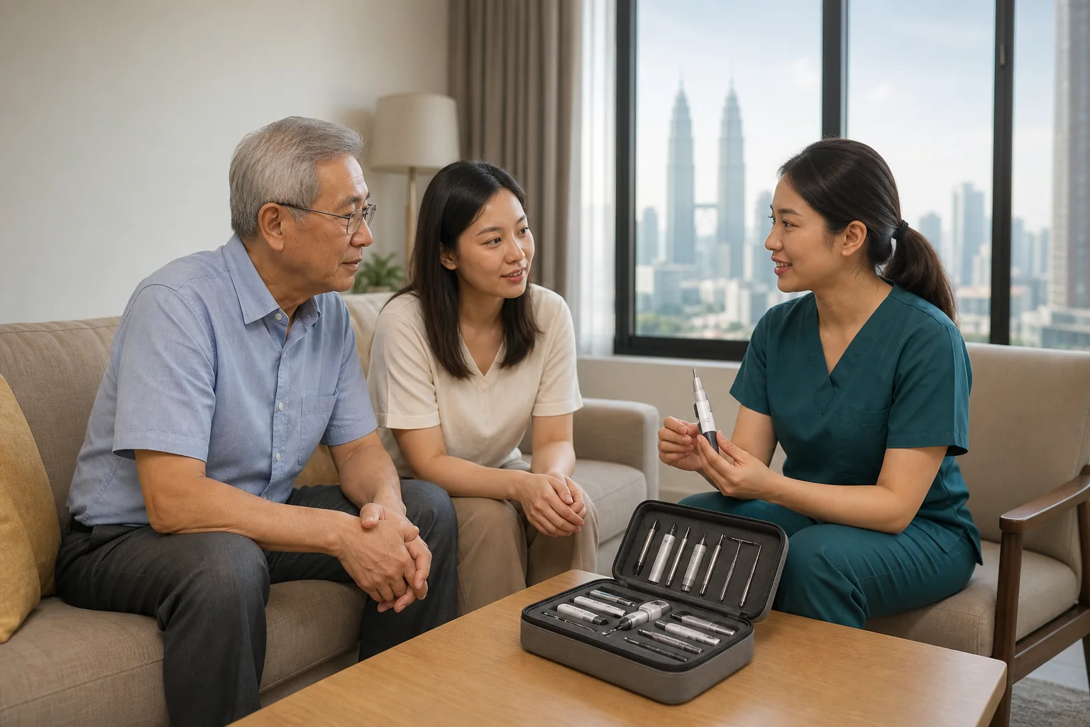 Dental professional explaining portable home assessment tools to a Malaysian Chinese family