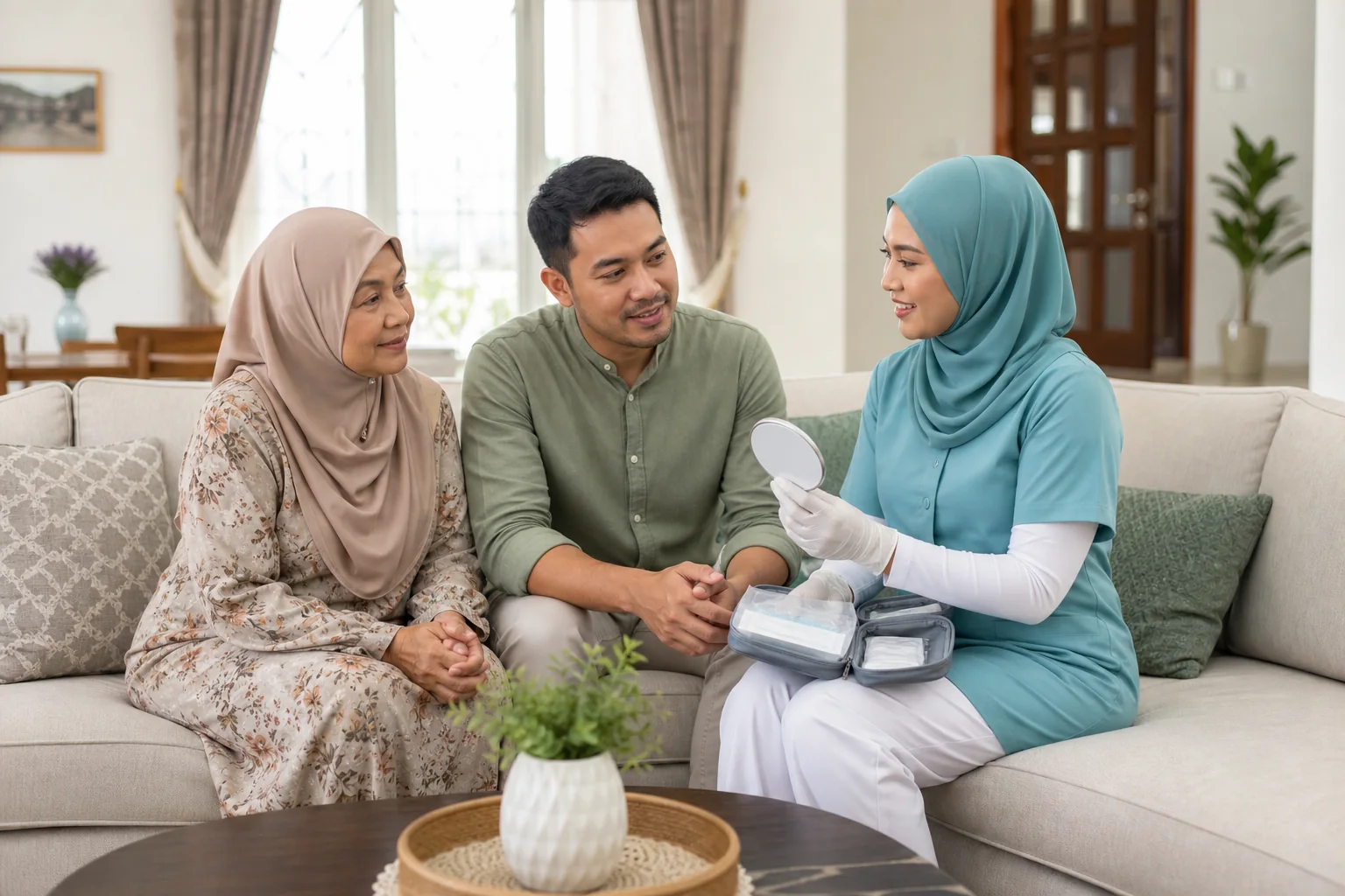 Profesional pergigian menerangkan alat penilaian mudah alih kepada keluarga Melayu Malaysia