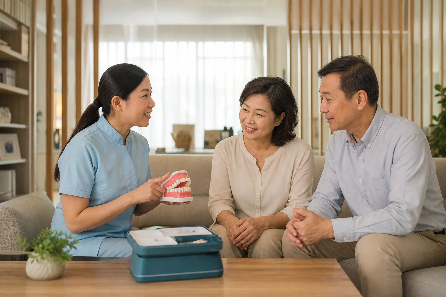 牙科专业人员向马来西亚华人家庭说明便携式上门评估工具