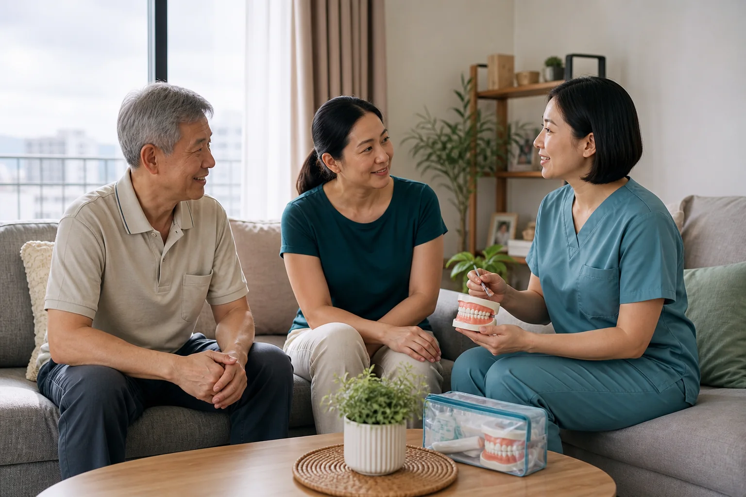 Malaysian Chinese family having an introductory home dental assessment conversation