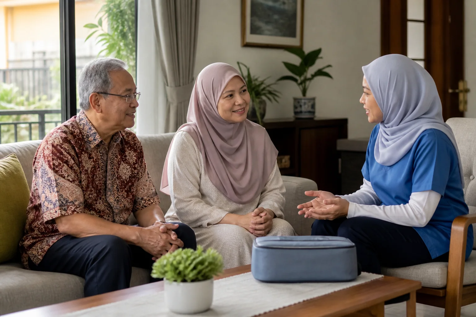 Keluarga Melayu Malaysia berbincang tentang penilaian awal pergigian di rumah