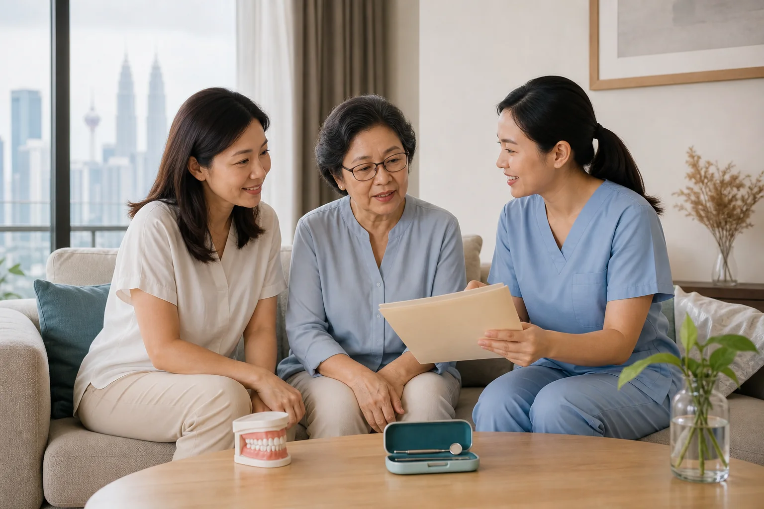 Malaysian Chinese family planning home dental care with a dental professional