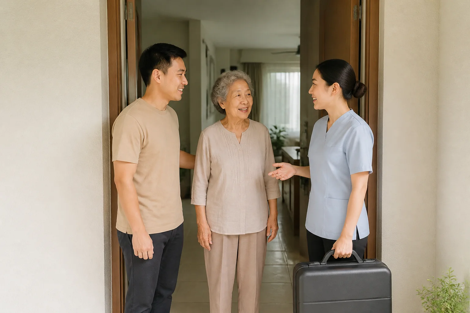 Malaysian Chinese family welcoming a dental professional and discussing home access
