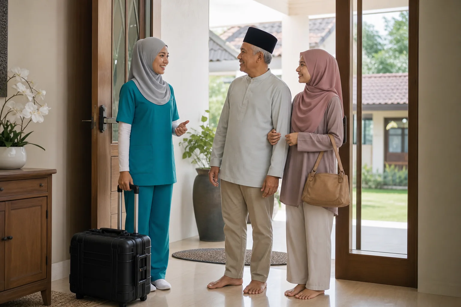 Keluarga Melayu Malaysia menyambut profesional pergigian dan membincangkan akses rumah