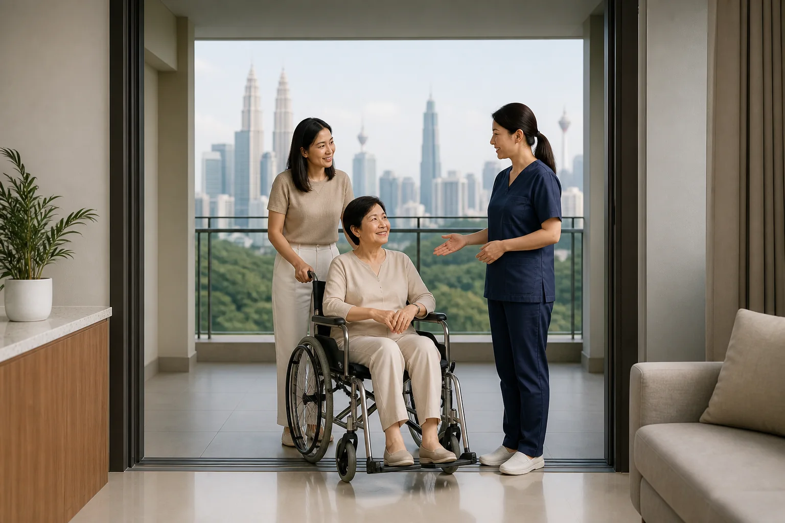 Malaysian Chinese family discussing accessible home entry with a dental professional