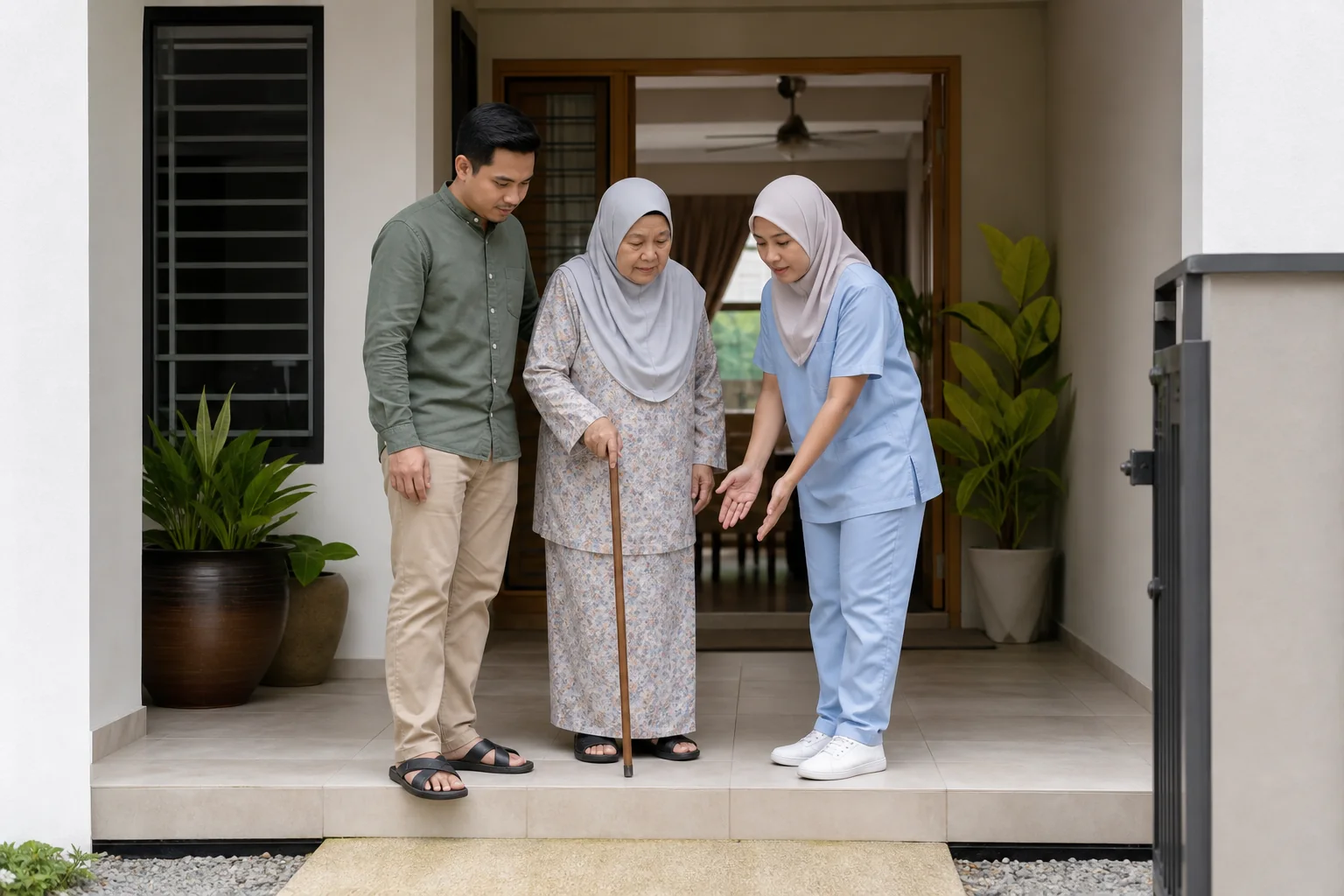 Keluarga Melayu Malaysia membincangkan akses masuk rumah bersama profesional pergigian