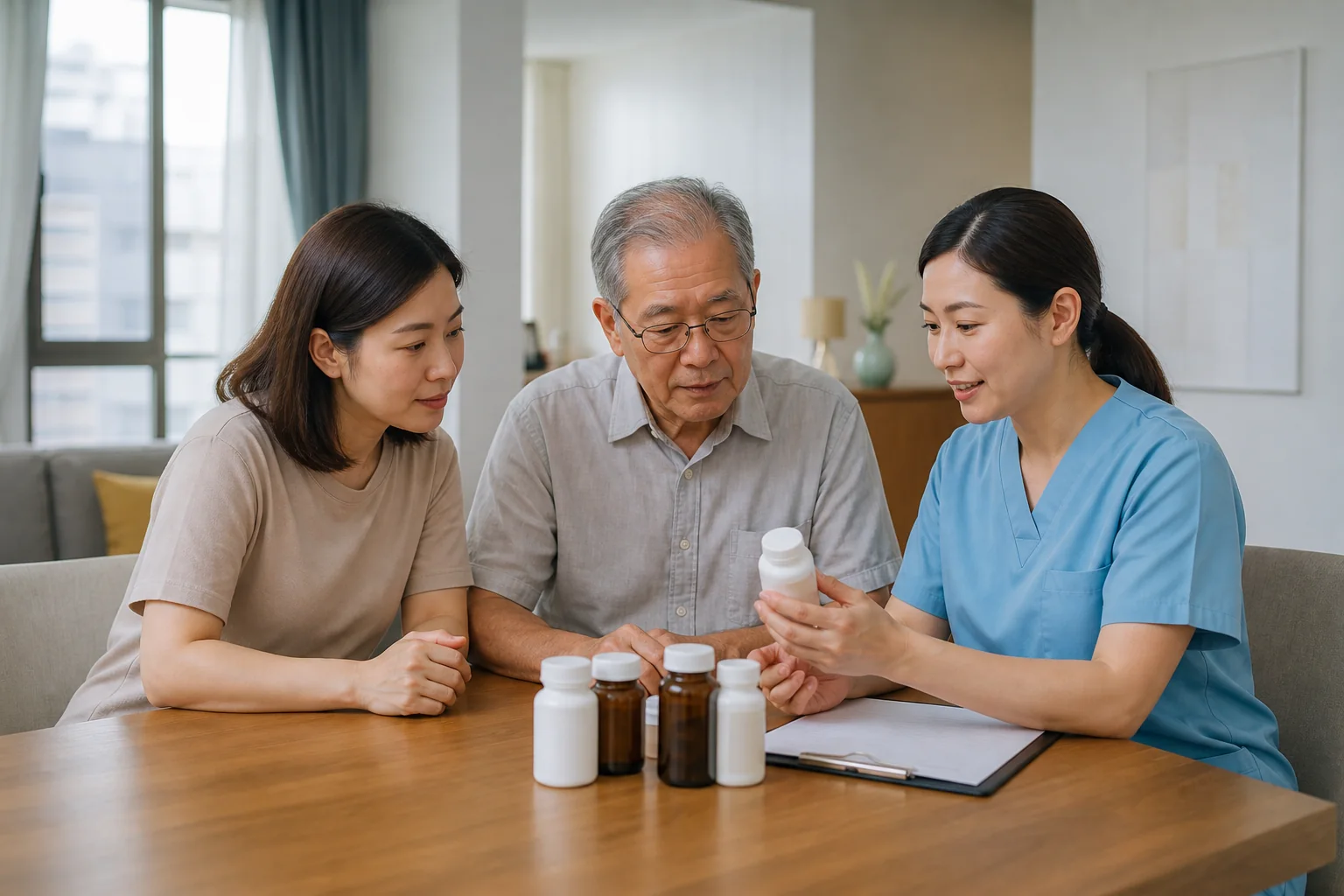 Malaysian Chinese family reviewing medicines before a possible home dental visit