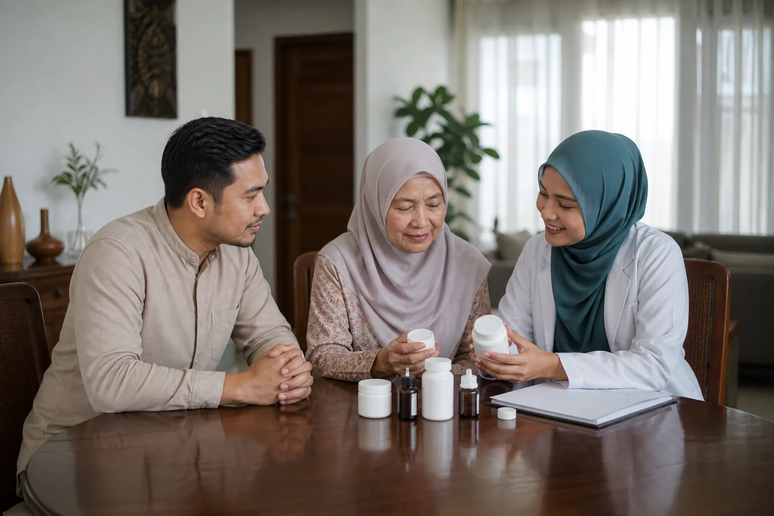 Keluarga Melayu Malaysia menyemak ubat sebelum kemungkinan lawatan pergigian di rumah