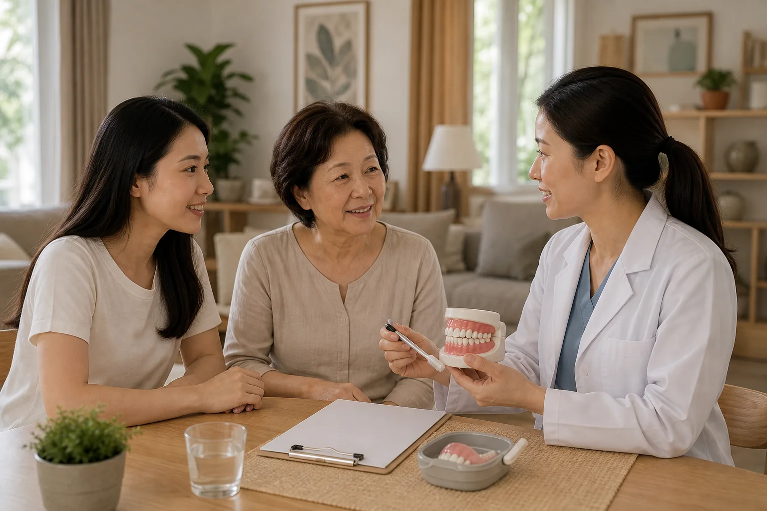 Malaysian Chinese caregiver using practical mouth-care tools and a checklist