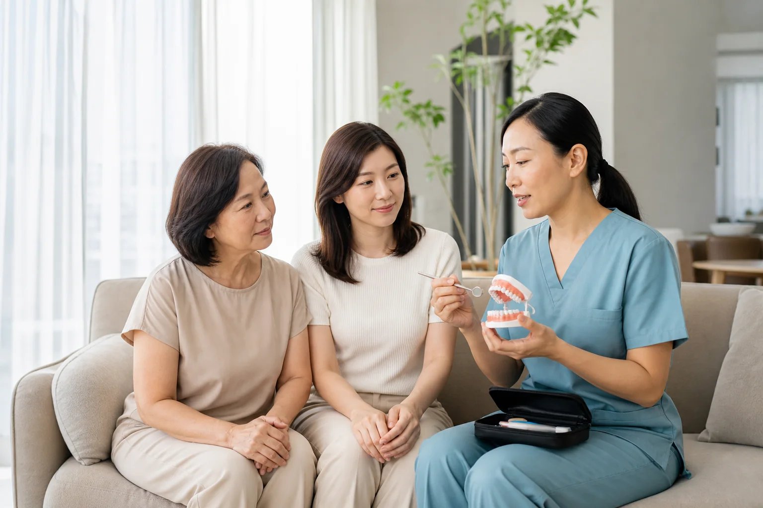 Malaysian Chinese family discussing realistic limits of dental care at home