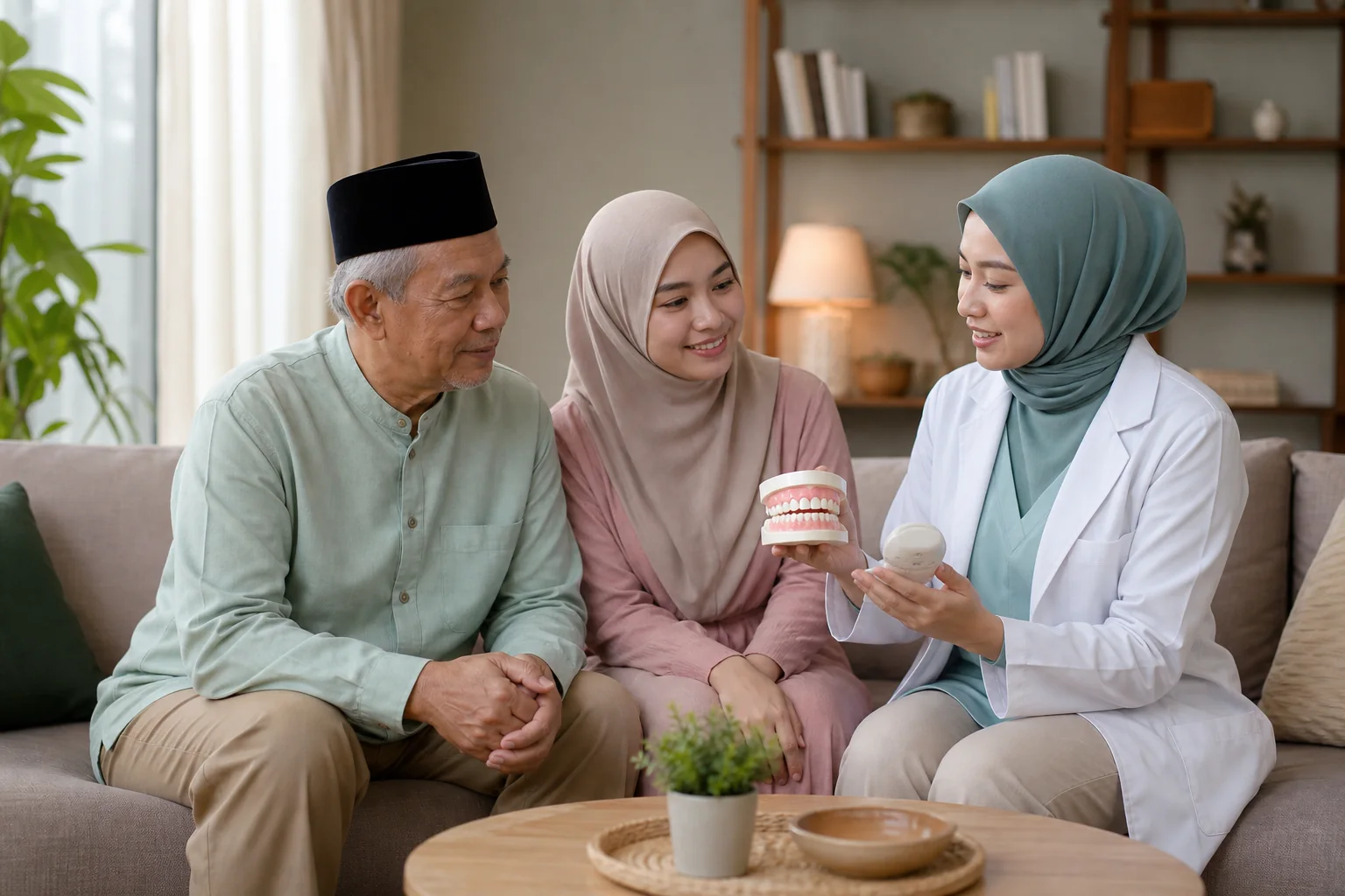 Keluarga Melayu Malaysia membincangkan batas realistik penjagaan pergigian di rumah