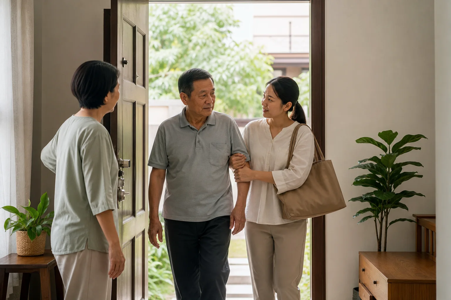 Malaysian Chinese family helping an older adult prepare to leave for urgent care