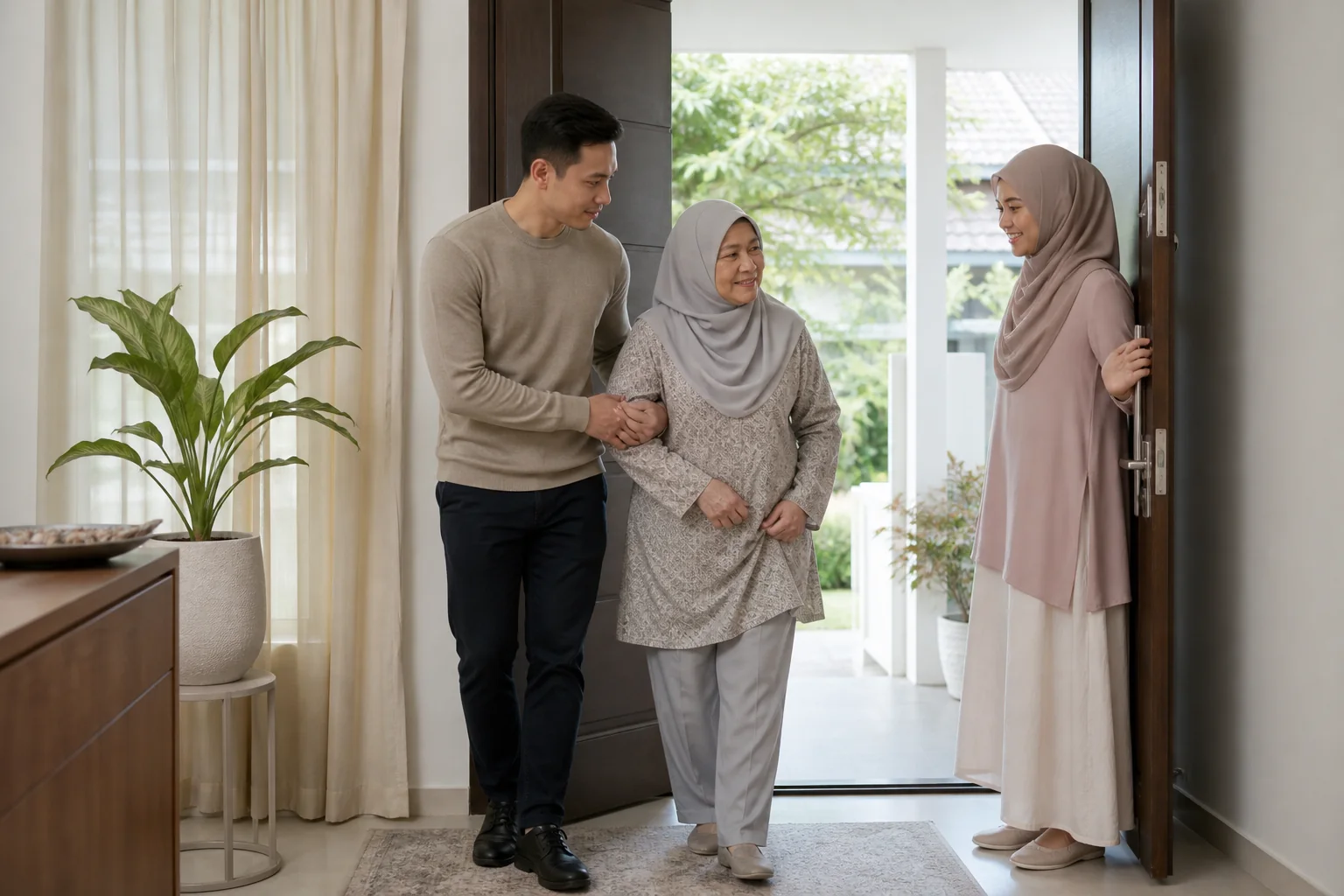 Keluarga Melayu Malaysia membantu warga emas bersedia untuk mendapatkan rawatan segera