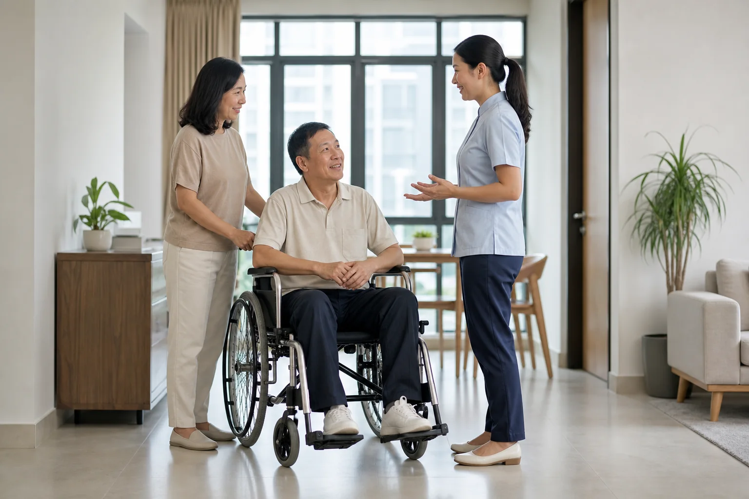 Malaysian Chinese adult with mobility needs planning accessible home dental care