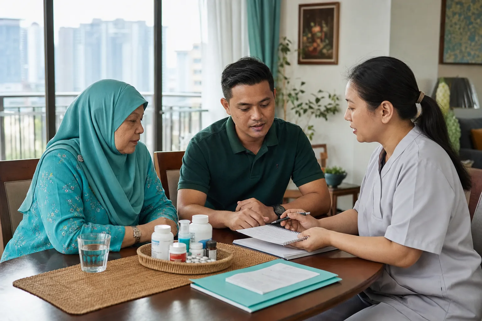 Older Malaysian adult, family caregiver and dental professional reviewing medicines before a planned home dental visit