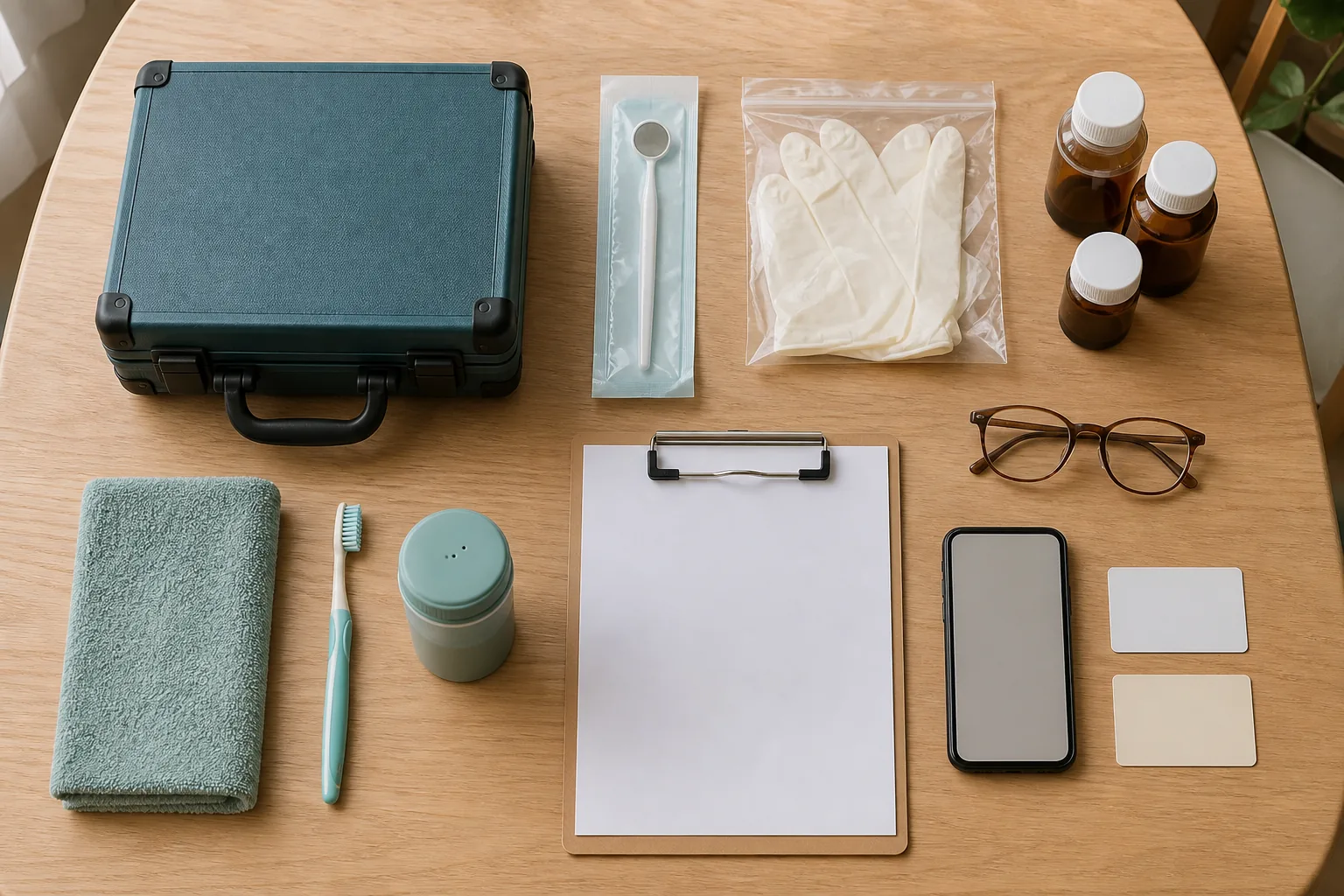 Home dental visit planning items arranged with a closed equipment case, mirror, gloves, towel, notes and phone